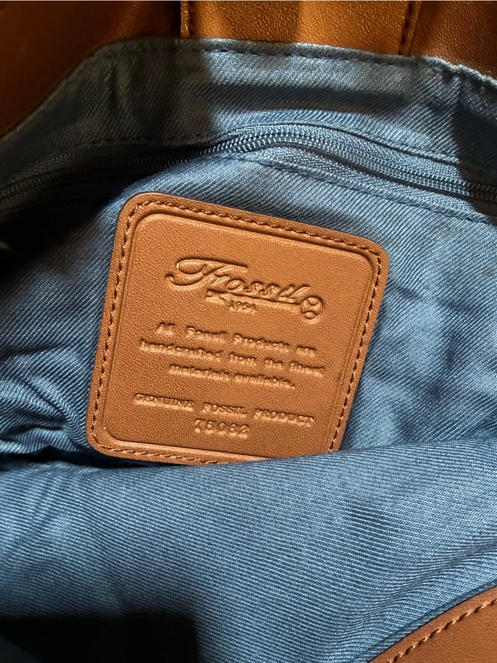 Fossil Denim Tote with Brown Leather Handles and Floral Embroidery